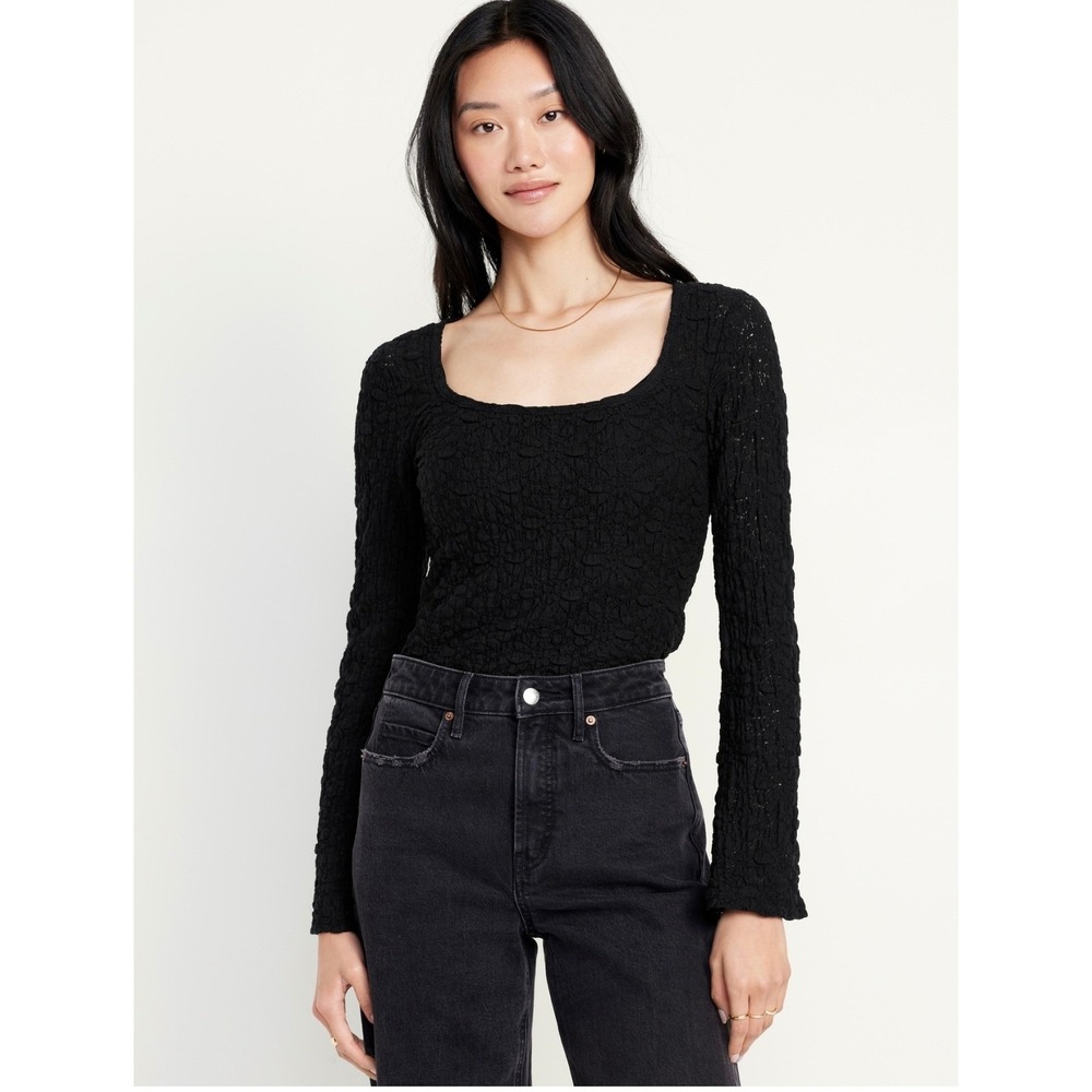 Old Navy NWT Textured Lace Scoop Neck Top Womens XL Black Long Sleeve Flare